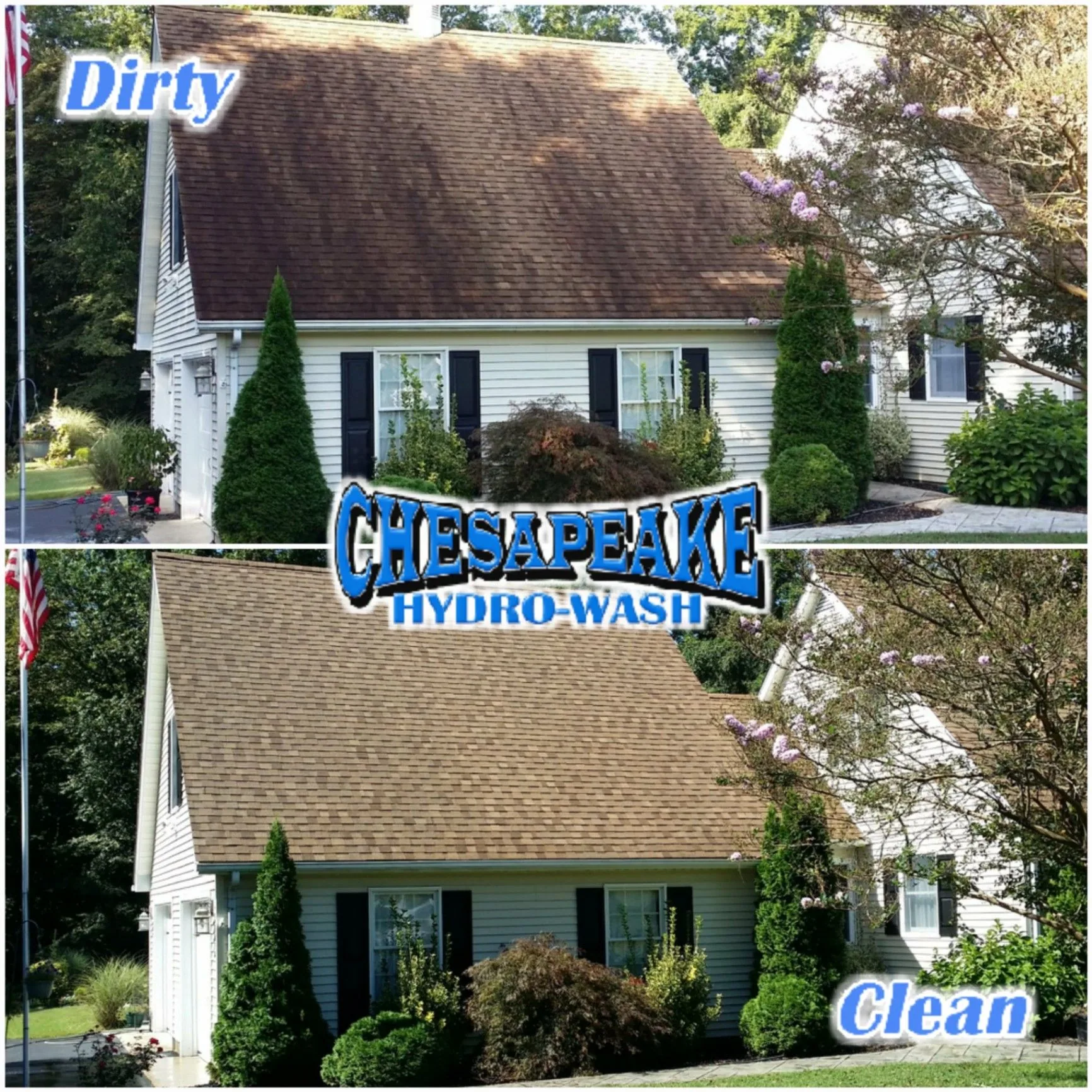 Maryland home roof shown before and after safe non-pressure roof cleaning