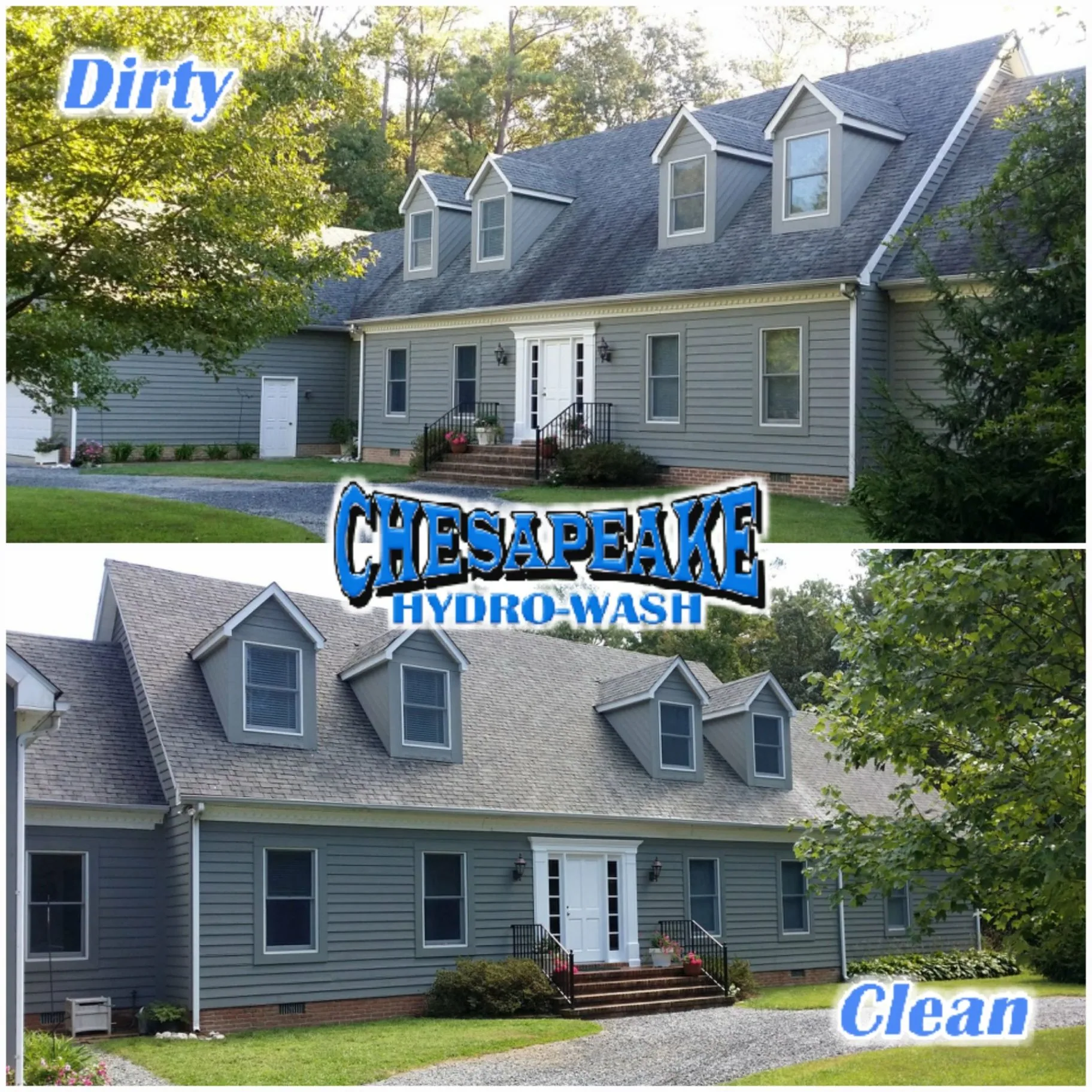 House siding before and after Chesapeake Hydro-Wash exterior cleaning