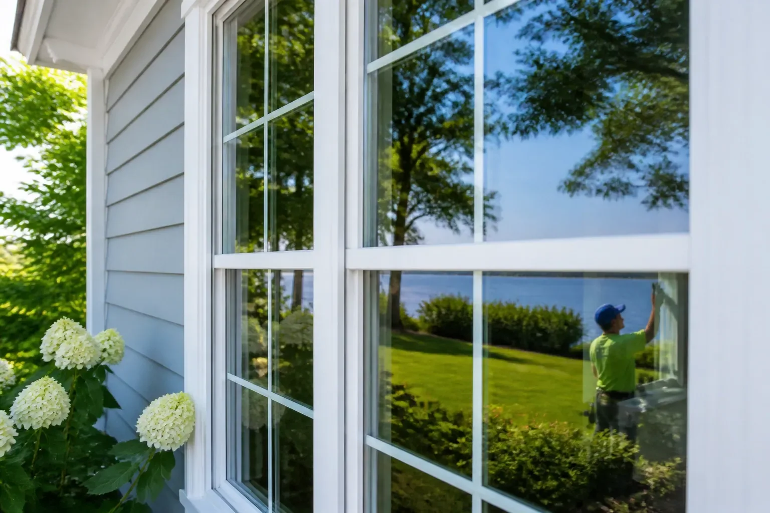 Clean residential windows reflecting a Maryland lawn and tree line